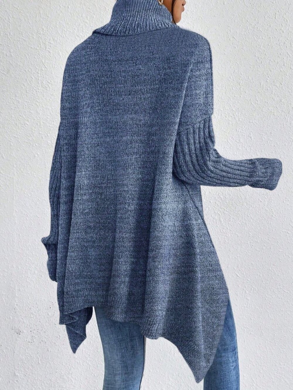 Blue Casual Women's Sleeve Turtleneck Asymmetrical Hem Drop Shoulder Sweater - Picture 2 of 6